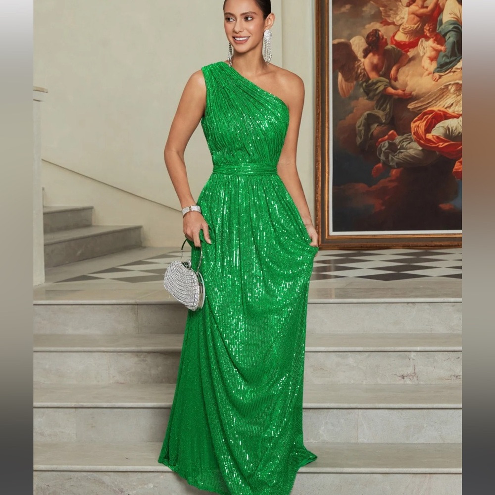 Fehaute Green One Shoulder Sleeveless A-Line Gown Sequin Dress
